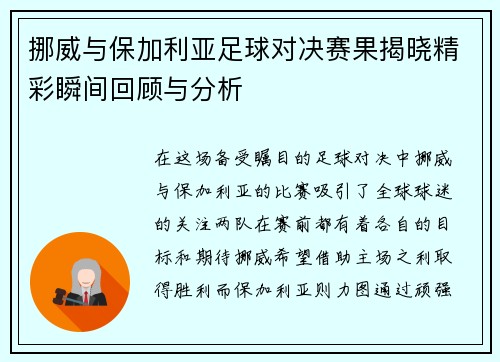 挪威与保加利亚足球对决赛果揭晓精彩瞬间回顾与分析